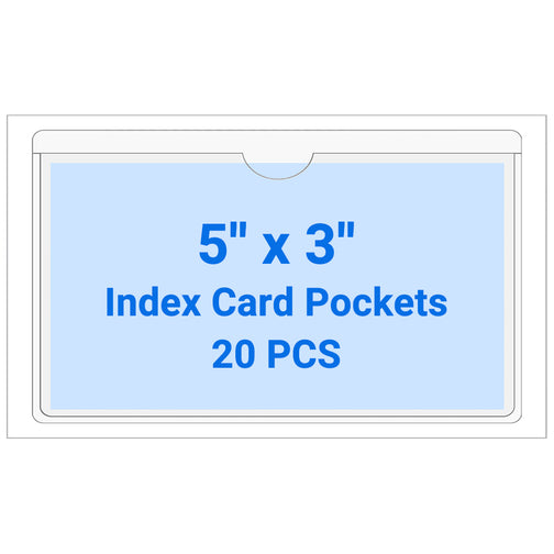 Kvatr-X 20 PCS Clear Self Adhesive Plastic Label Pockets, Top Loading Business & Library Index Card Holders, Peel and Stick Sleeves for Storage Bins, Totes, Binders and Drawers (5 x 3 Inch)