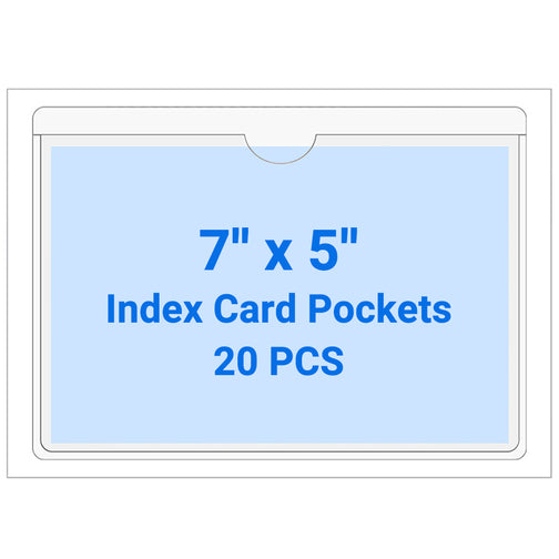 Kvatr-X 20 PCS Clear Self Adhesive Plastic Label Pockets, Top Loading Business & Library Index Card Holders, Peel and Stick Sleeves for Storage Bins, Totes, Binders and Drawers (7 x 5 Inch)