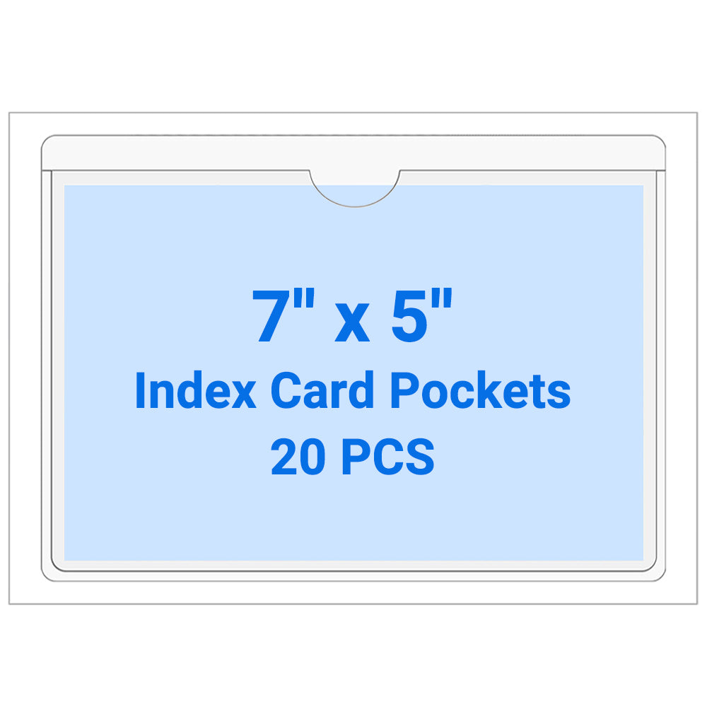 Kvatr-X 20 PCS Clear Self Adhesive Plastic Label Pockets, Top Loading Business & Library Index Card Holders, Peel and Stick Sleeves for Storage Bins, Totes, Binders and Drawers (7 x 5 Inch)